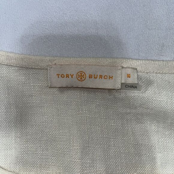 Tory Burch McKenna Tunic Top Ivory Linen $350 – Size 10 Embroidered V Neck - Picture 7 of 13